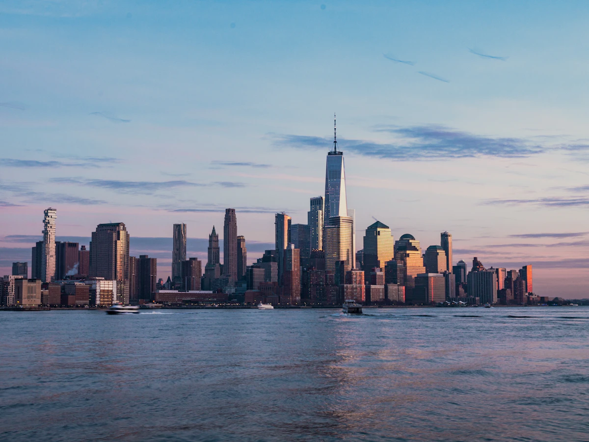 Lower Manhattan business district and One World Trade Centre in New York, United States