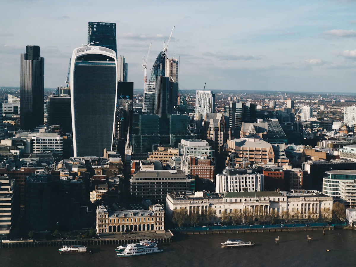 The City of London business district beside the River Thames, United Kingdom